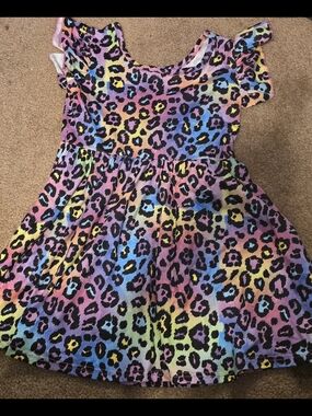Girls Rainbow Leopard Print Flutter Sleeve Dress